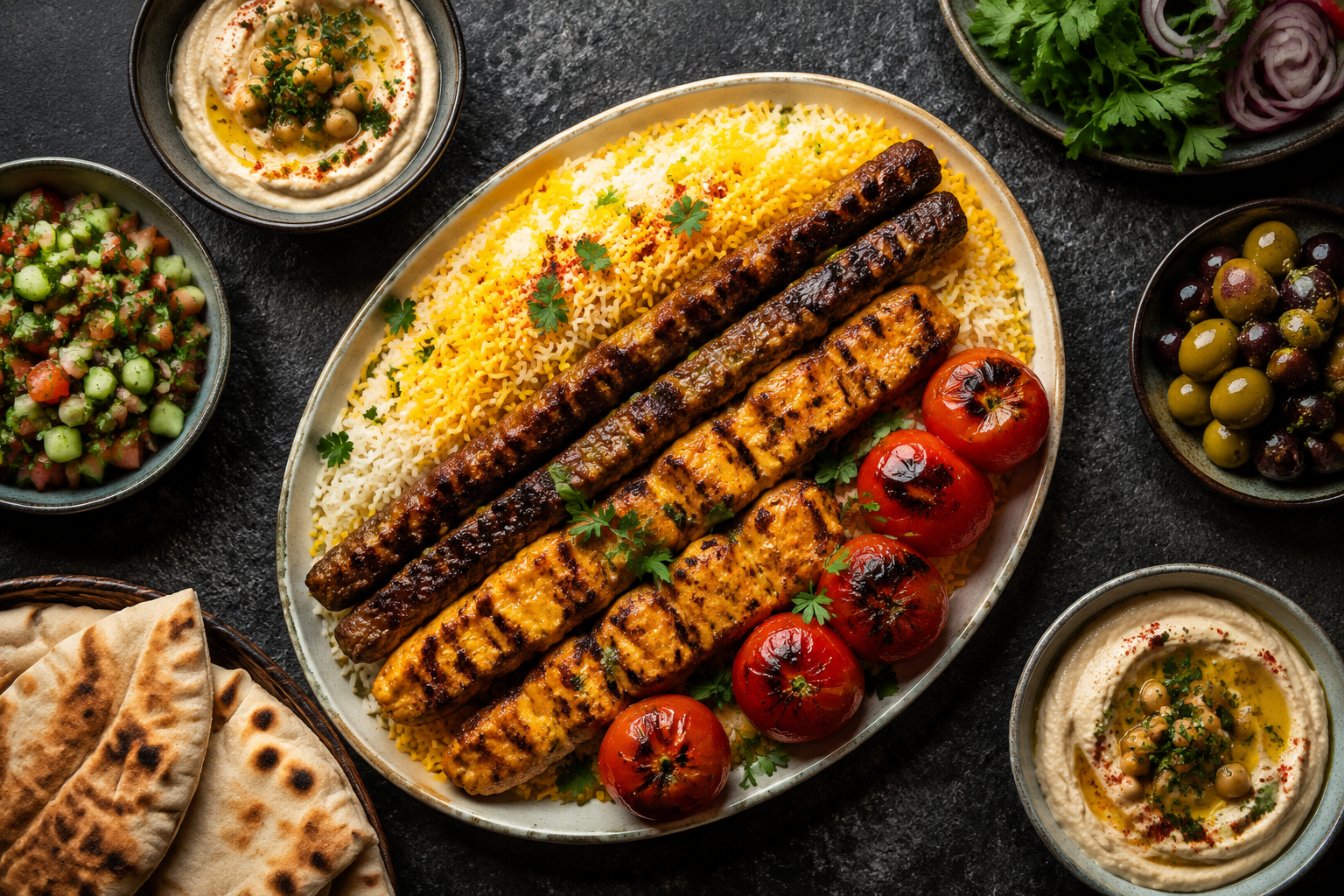 Mediterranean-inspired spread of grilled kebabs, saffron rice, hummus and fresh herbs